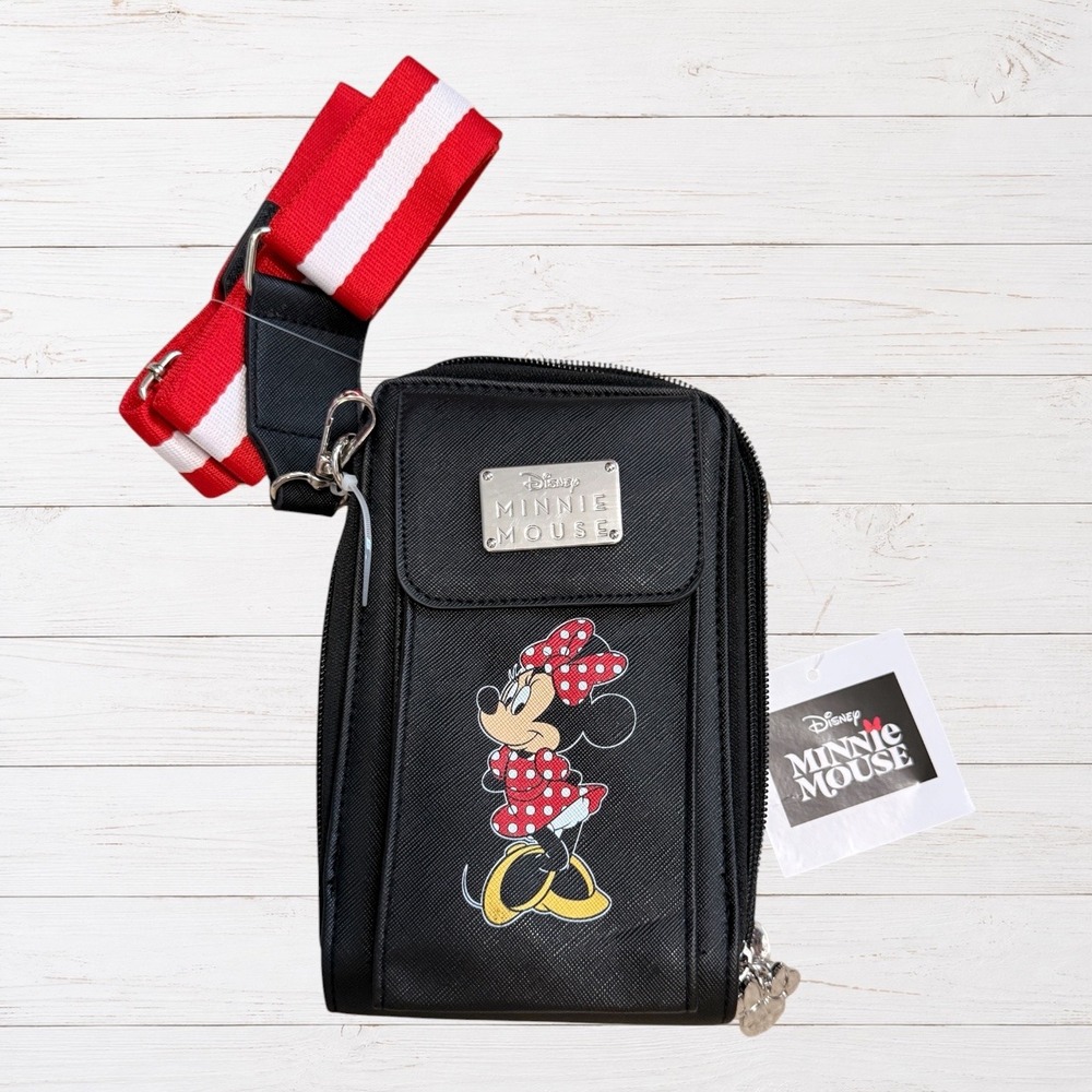 NWT Disney Minnie Mouse PU Double Zipper Wallet Crossbody with Wide Strap